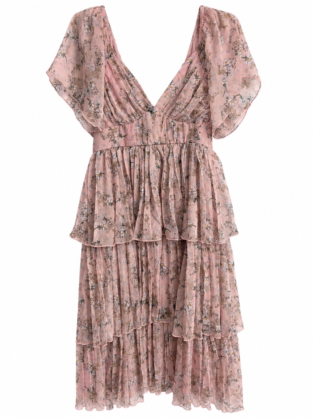 Lulu's Dusty Blush Floral Tiered Midi Dress